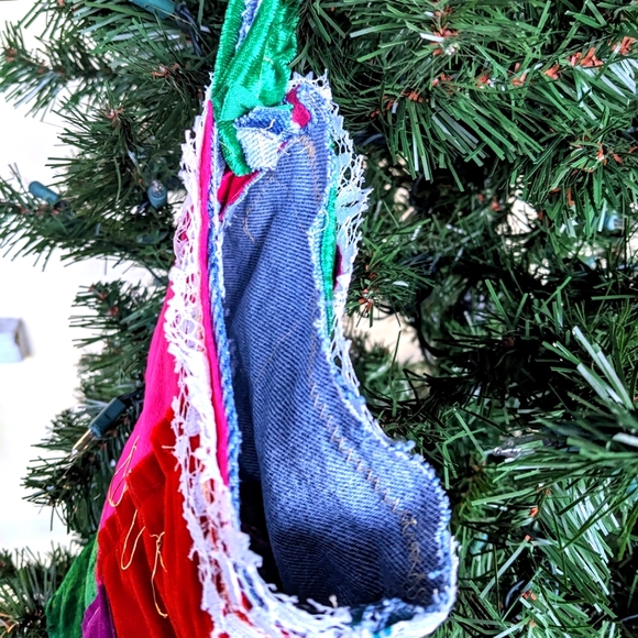 Santa's Boot Christmas Stocking Velvet Lace Denim OOAK Handmade Cabin Boho - Picture 6 of 9